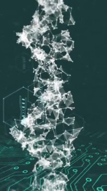 Simgelerin canlandırılması, veri işleme üzerinde DNA ipliği. Küresel bilim, tıp, araştırma, hesaplama ve veri işleme kavramı dijital olarak oluşturulmuş video.