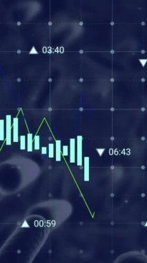 Animation of financial data processing over blood vessels floating against blue background. Medical research and business technology concept