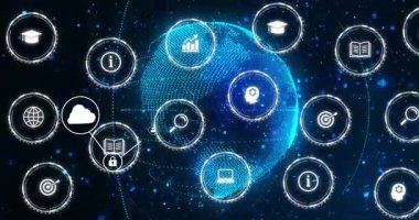 Dönen dünya, dijital ağ görselleştirmesi için yörünge ve ağ bağlantıları oluşturan bir simge başlatıyor. Gelecek, teknoloji, bağlantı, veri, yenilik, arayüz, siber