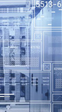 Sunucu odasında veri işleme animasyonu. küresel teknoloji, bilgisayar ve dijital arayüz kavramı dijital olarak oluşturulmuş video.