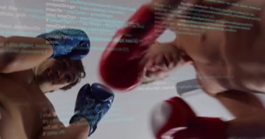 Antrenman partnerleri kadraja boks eldiveni giyerek giriyor, antrenman sırasında kodlarla daireler çiziyor. Sporcular, rekabet, dijital, dinamik, güç, fitness, eğitim