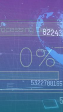 Grafikle finansal veri işleme animasyonu, dijital arayüzde dünya. Dijital bileşik, yapay zeka, küresel iletişim, bulut hesaplama, geliştirme, teknoloji, kodlama.