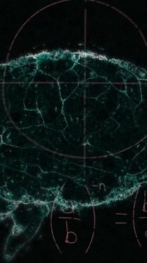 Matematik formüllerinin animasyonu, siyah arka planda beyin ve DNA. Bilim, eğitim ve matematik konsepti dijital olarak oluşturulmuş video.