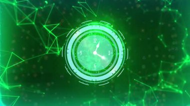 Döndürme olayı, dünyanın saat halkaları şekillenirken dönmesini ve ellerin görsel zamanlamayı süpürmesini sağlıyor. Gelecek, teknoloji, görselleştirme, bağlantı, dijital, animasyon, yenilik