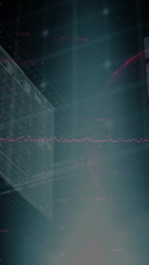 Yeşil ekrana karşı hareket eden ve istatistikleri gösteren arayüz, pembe blokların yüzdüğü, sayıların yükseldiği, veri işleme sayılarının dijital bileşimi olan pembe gazdan oluşan bir kürenin animasyonudur..