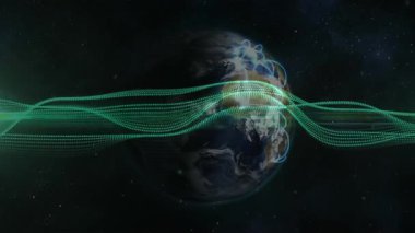 Mavi kavisler dünya üzerinde küresel ağ örerken yeşil dalga formu ekranda beliriyor. Fütürist, dijital, soyut, teknoloji, bağlantı, bilim kurgu, canlı