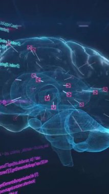 Karanlık arka planda insan beyni ve veri işleme animasyonu. Küresel yapay zeka, araştırma, bağlantılar, hesaplama ve veri işleme kavramı dijital olarak oluşturuldu.