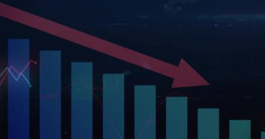 Çubuk çizelgesinde kayan kırmızı ok ve duoton çizgi grafiği titreşim düşüşünü gösteriyor. Veri görselleştirme, analitik, performans ölçümleri, dijital gösterge paneli, eğilim analizi, mali göstergeler, iş zekası