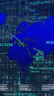 Dünya haritası üzerindeki parazit ve kara arkaplanda veri işleme animasyonu. Küresel teknoloji, bilgisayar ve dijital arayüz kavramı dijital olarak oluşturulmuş video.