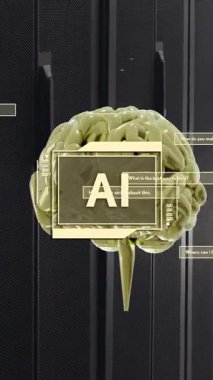 Bilgisayar sunucularında ai metin, beyin ve veri işleme animasyonları. Dijital olarak oluşturulmuş küresel yapay zeka, bağlantılar, hesaplama ve veri işleme kavramı.