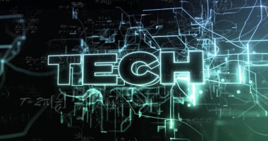 Devre düğümleri ve yüzen formüllerle karanlık dijital uzayda titreşen parlak neon TECH metni. Fütürist, siber, dijital, teknoloji, yenilik, ağ, soyut