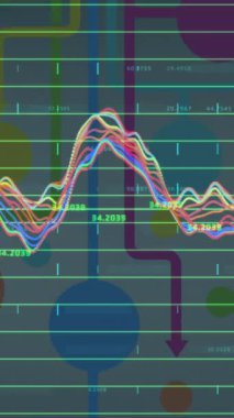Renkli oklar ve daireler üzerinde istatistik ve veri işleme animasyonu. küresel veri işleme, iş, dijital arayüz ve teknoloji konsepti dijital olarak oluşturulmuş video.