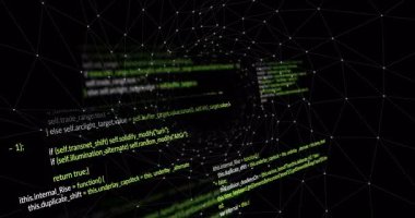 Yeşil kod parçaları tel örgüde beliriyor ve veri akışını temsil eden boşluğa doğru dönüyor. Siber uzay, dijital, fütüristik, teknoloji, veri görselleştirme, soyut, ağ