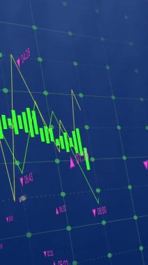 Animation of data processing over grid network against blue background. Computer interface and business technology concept