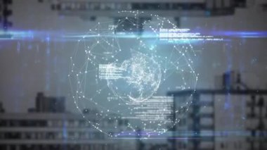 3 boyutlu kürede beliren soluk noktalar, ağ düğümlerini görselleştiriyor ve teknik ağ izleme için bir kod oluşturuyor. Fütürist, dijital, görselleştirme, teknoloji, yenilik, siber alan, soyut