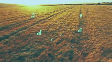 Çim alanının üzerinde uçan dron açılıyor. Görünürde yükselen ve kümelenen verileri görselleştiriyor. Hava, manzara, teknoloji, çevre, veri, sürdürülebilirlik, doğa