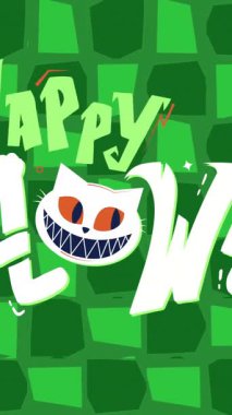 Yeşil geometrik arka planda sırıtan kedi yüzlü mutlu Cadılar Bayramı metin animasyonları. Selamlar, festival, kutlama, ürkütücü, kedi, neşeli