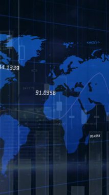 İstatistiklerin ve sayıların animasyonu, dünya haritası üzerinde finansal veri işleme. küresel finansman, iş dünyası, dijital arayüz ve teknoloji konsepti dijital olarak oluşturulmuş video.