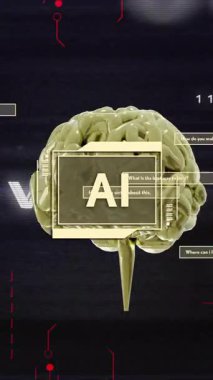 İkili kodlu yapay zeka modeli ve veri işleme animasyonu. Yapay zeka, makine öğrenme, sinirsel ağ, dijital dönüşüm, robotik, geleceksel