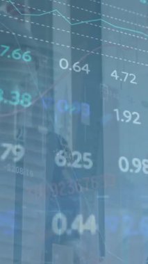 Animation of stock market data processing against asian woman looking out of window at office. Global economy and business data technology concept