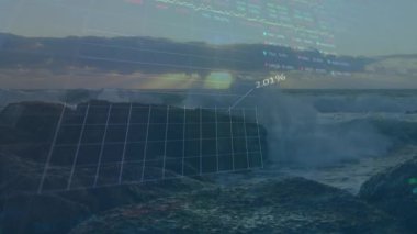 Güneş battığında, kıyı şeridi üzerindeki 3D ızgara çöküyor, nokta kayması, çizgi grafik takip pazar trendleri. Deniz manzarası, veri görselleştirme, analitik, finans, teknoloji, okyanus, dijital