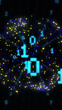 Bağlantılar dünyasındaki ikili kodlama veri işlemesinin animasyonu. Küresel finans, iş, bağlantılar, hesaplama ve veri işleme kavramı dijital olarak oluşturulmuş video.