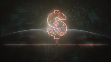 Kıvılcımlar çakarken ve gün doğarken dünyanın üzerinde parlayan dolar işareti finansmanı temsil ediyor. Teknoloji, yenilik, dijital, finans, bağlantı, fütürizm, küreselleşme