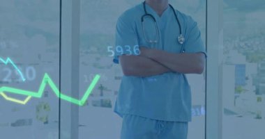 Pencerelerin önünde duran bir doktor, steteskop görüntüsü veren kameralar. Tıbbi profesyonel, sağlık teknolojisi, veri görselleştirme, fütüristik, klinik, hastane, analitik