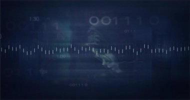 Başlangıçta ses çubukları görünürken, çift haneli basamaklar sürükleniyor, renkli çizgi grafiği izleme verisi atıyor. Dijital, modern, soyut, geleceksel, veri, teknoloji, hareket