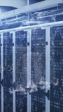 Sunucu odasında veri işleme animasyonu. küresel iş ve dijital arayüz kavramı dijital olarak oluşturulmuş video.