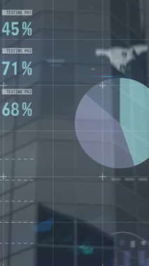 Yüksek bir binanın görüntüsüyle istatistiksel veri işleme animasyonu. Bilgisayar arayüzü ve iş veri teknolojisi kavramı