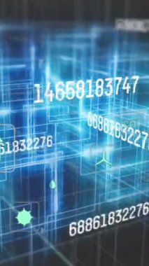 Birden fazla değişen sayının animasyonu ve gri arkaplan ile mavi ışık yollarını birleştiren animasyon. Bilgisayar arayüzü ve iş teknolojisi kavramı