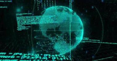 Turkuaz noktalı küre ortaya çıkıyor ve küresel veri akışını görselleştiren kod akışlarıyla dönüyor. Fütürist, dijital, holografik, yüksek teknoloji, siber, siber uzay, veri görselleştirmesi