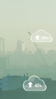 Animation of clouds icons over cityscape. Global business and digital interface concept digitally generated video.