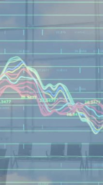 Animation of financial data and graphs over city buildings. Global finance, economy and technology concept digitally generated video.