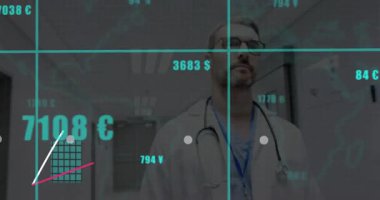 Doktor hastane koridorunda öne çıkıp yükselen bar tablosuyla yüzen para birimini analiz ediyor. Tıbbi profesyonellik, sağlık, veri görselleştirme, finansal analitik, dijital ekonomi, kentsel çevre, modern tasarım