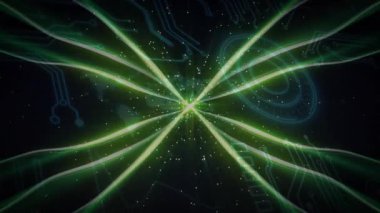Neon-yeşil filamanlar merkezde birleşiyor, enerji akışını görselleştirmek için nabız atıyor. Teknoloji, dijital, fütürizm, yenilik, bilim kurgu, siber güvenlik, soyut