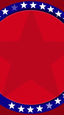 Kırmızı zemin üzerinde Amerika Birleşik Devletleri 'nin bayrakları ve yıldızları olan dairelerin animasyonu. Amerikan bağımsızlığı, gelenek ve kutlama konsepti dijital olarak oluşturulmuş video.