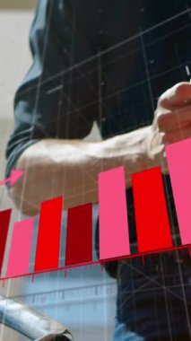 Animation of data processing over mid section of man drinking coffee and using smartphone. Global networking and business technology concept