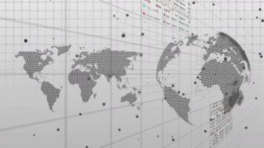 Başlangıçta noktalı dünya dönen veri düğümleri, grafikler küresel desenleri gösteriyor. Coğrafi, görsel, analitik, dijital, fütüristik, soyut, teknoloji
