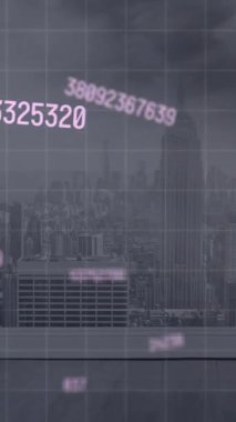 Animation of financial data processing over cityscape. Global business, finances, computing and data processing concept digitally generated video.