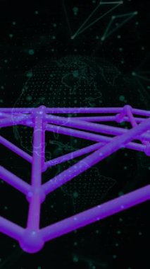 Bağlantı ağları üzerinden dijital veri işleme animasyonu. Dijital olarak oluşturulmuş küresel bağlantılar, hesaplama ve veri işleme kavramı.