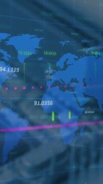 Bir bilgisayar sunucusunun kapatılmasıyla dünya haritasında finansal veri işleme animasyonu. Küresel finans ve iş teknolojisi kavramı