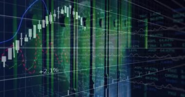 Şeffaf borsa tablosu rafların üzerinde kayboluyor, çubuklar yükselen parlayan etiketler veri eğilimlerini gösteriyor. Teknoloji, finans, analitik, veri görselleştirme, siber güvenlik, yatırım, dijital