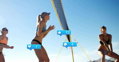 Voleybol, sosyal medya simgelerine çarpan ve patlayan pazarlama sporcularının üzerinde beliriyor. Atletizm, spor, plaj, açık hava, spor, takım çalışması, yarışma