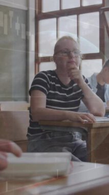 Animation of financial data processing and globe over diverse schoolchildren in class. Global education, computing and data processing concept digitally generated video.