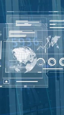 Sunucu odasındaki veri depolama sistemlerinin üzerinde hareket eden bilgi merkezli ekranların animasyonu. Dijital bileşik, çoklu pozlama, veritabanı, rapor, iş, ağ güvenliği, veri merkezi, teknoloji.