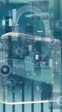 Ofis üzerinde veri işleme ve asma kilit animasyonu. küresel iş, finans, bağlantılar ve dijital arayüz konsepti dijital olarak oluşturulmuş video.