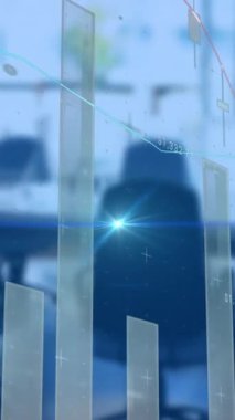 Boş ofis üzerindeki veri işleme ve ışık izlerinin animasyonu. Küresel iş, bilgisayar ve dijital arayüz kavramı dijital olarak oluşturulmuş video.