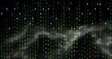 Yeşil ve beyaz ikili akarsularla açılıp şebeke oluşturarak gelişen üç boyutlu araziyi ortaya çıkarıyor. Dijital, fütüristik, soyut, teknoloji, veri, sanal, dalgın